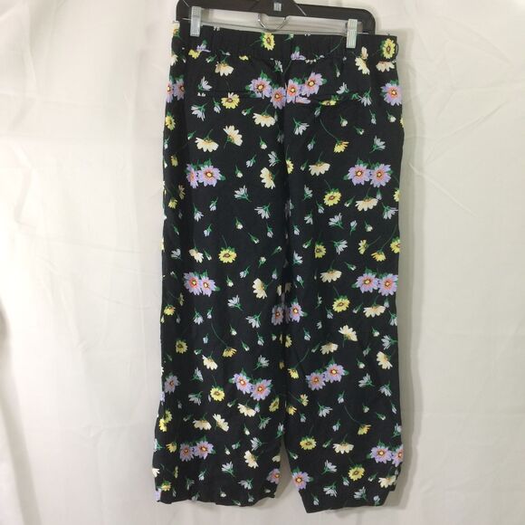LOFT Wide Leg Pants Black Floral Linen Blend Pull On Summer Crop Elastic Waist M - Picture 2 of 5